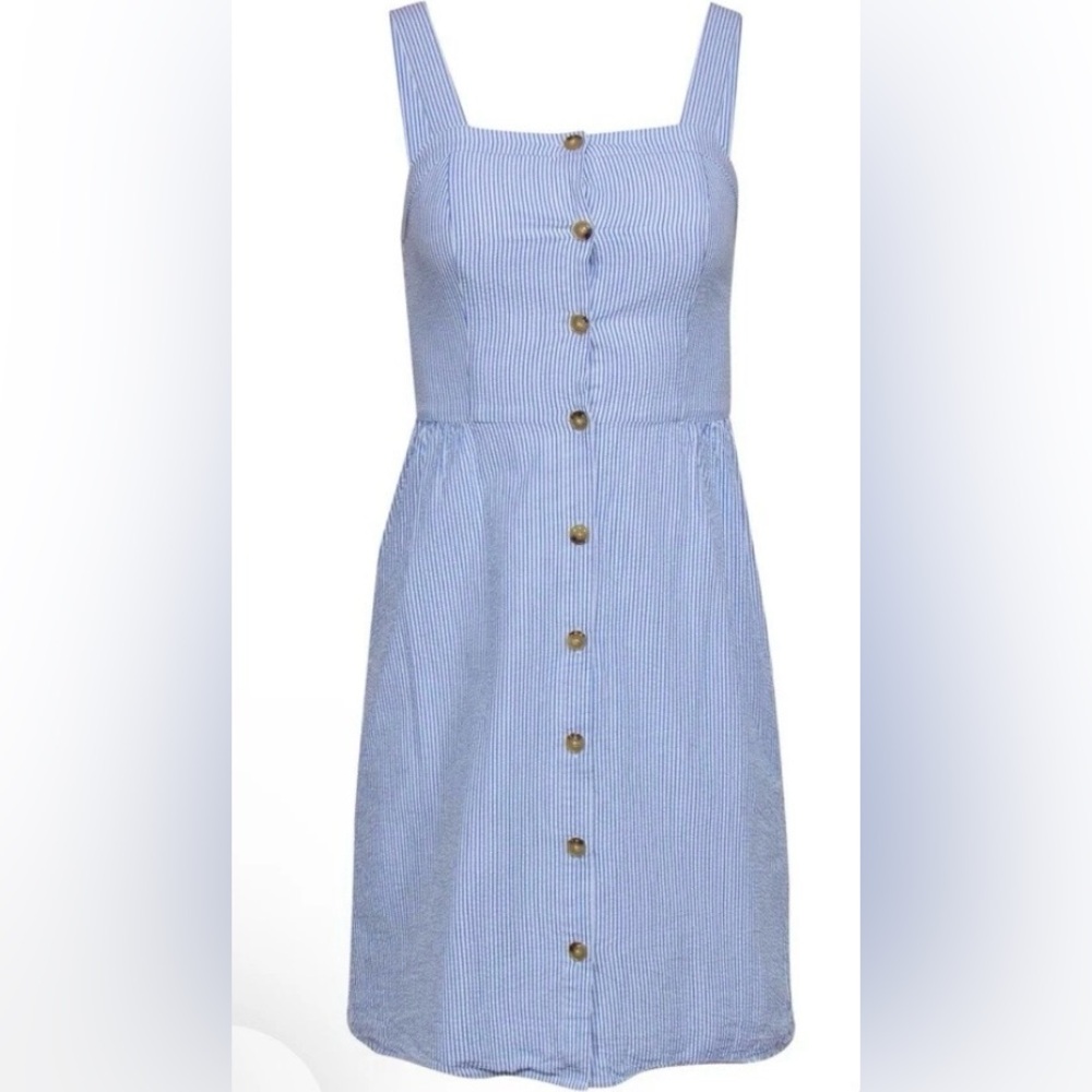 J. Crew blue and white seersucker button down front sundress fully lined size 10
